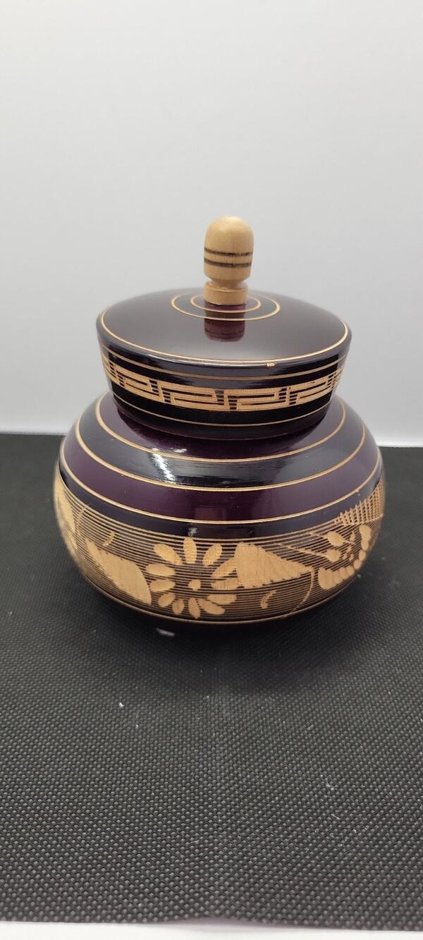 Hand Turned Wooden Trinket Box With Lid Floral Carved Jewelry Storage Vtg Style